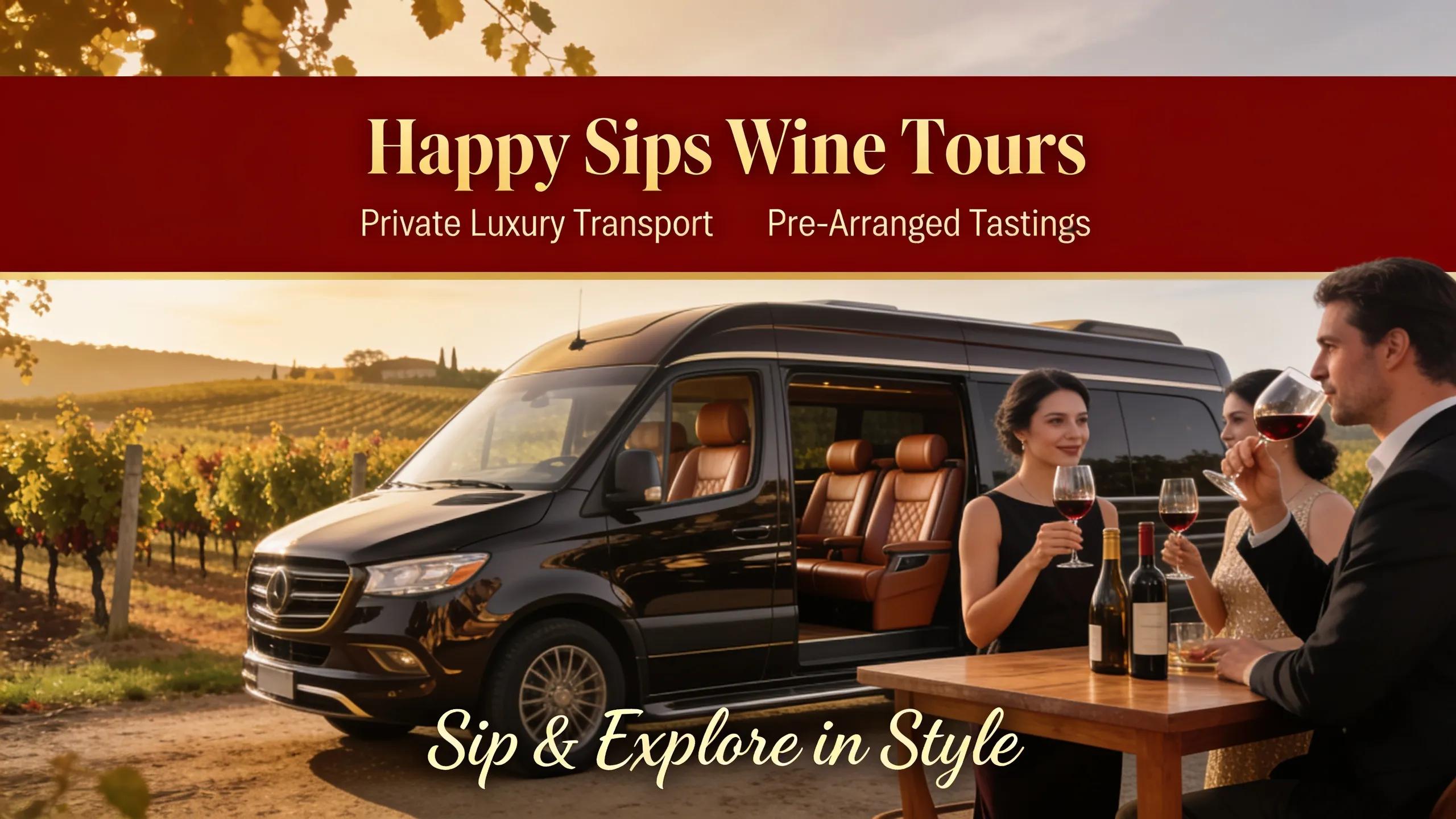 Happy Sips Wine Tours provides private luxury transport and pre-arranged tastings, ensuring a smooth winery